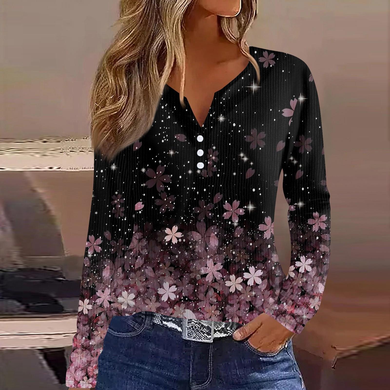 

Женская футболка с принтом на пуговицах, длинный рукав, вязаный свитер, повседневный, модный, на выходные, базовый, с V-образным вырезом, обычный топ XXL розовый