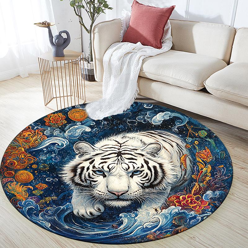 Tiger in Waves Round Area Rug,Carpet Rug for Living Room Bedroom Sofa Playroom Decor,Non-slip Floor Mat
