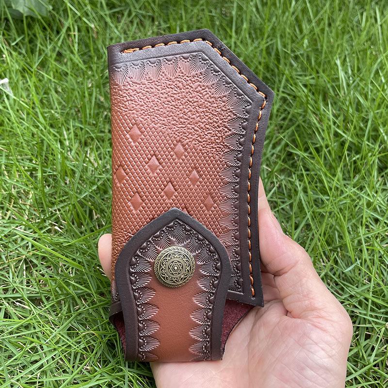 16 CM Foling Knife Holder Embossed Cowhide Scabbard Pocket  Knife Cover Leather Sheath Case  Camping Knife Holsters Belt Buckle