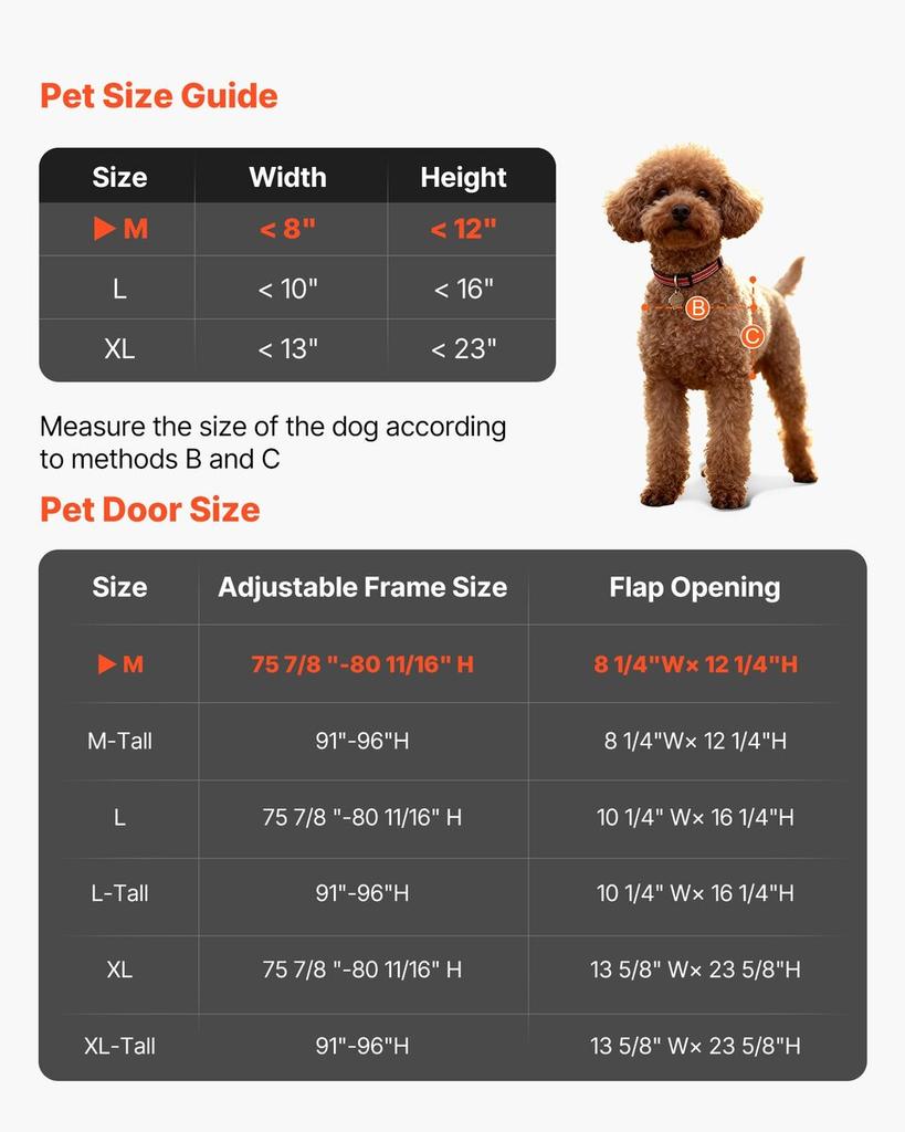 Dog Door for Sliding Glass Door, 2311-2439 mm Adjustable Height, Aluminum Alloy Frame with Metal Rotating Hinges, Lock Design, 209.6 x 311.2 mm Flap,