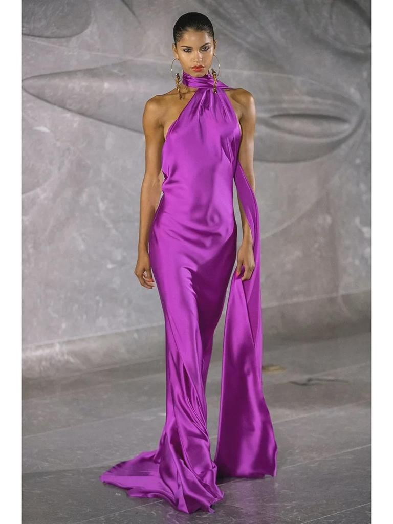 2025 High-Waist Solid Color Halter Neck Long Skirt - Spring/Summer Commuting & Evening Dress