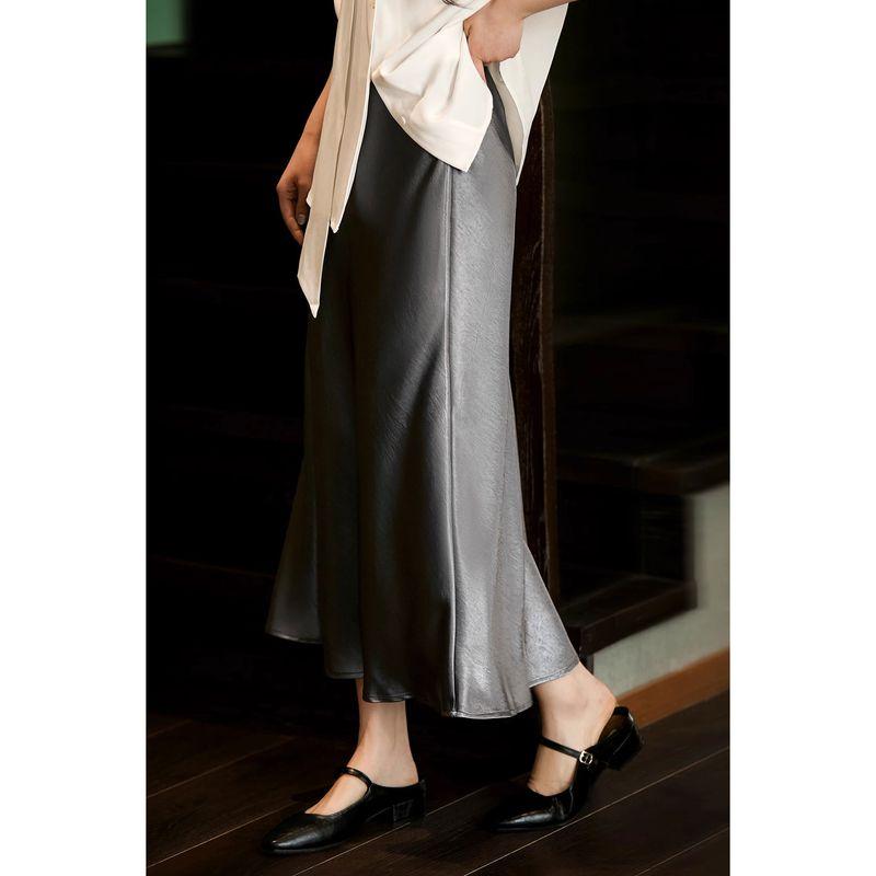 25 Spring and Summer New Vertical and Smooth Silky Glossy Satin Slimming Oblique Cutting A Word Sheath Fishtail Skirt Women