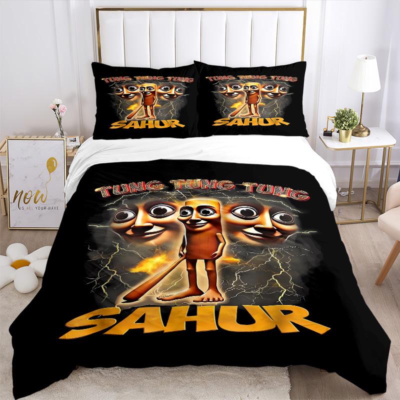 Thunderous Tung Tung Sahur Print 3Pcs Bedding Setduvet Cover With 2 Bedropillowcase Home Birthday Gift