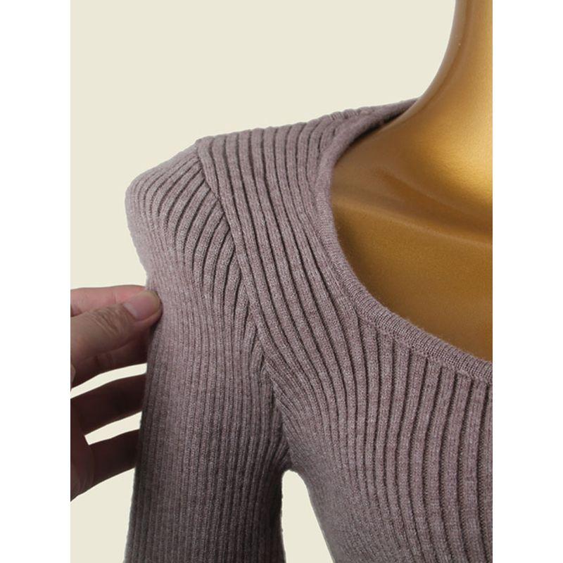 French Style Retro Scoop off-Shoulder Knitting Base Long Sleeves Women's Autumn High Waist Short Soft Glutinous Sunken Stripe Tops