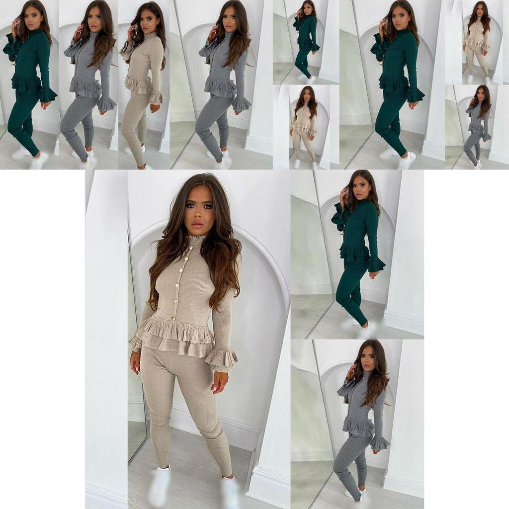 Stylish Women's Ladies Fine Ribbed Frill Peplum Button Loungewear Suit Tracksuit Set For Cozy Comfort
