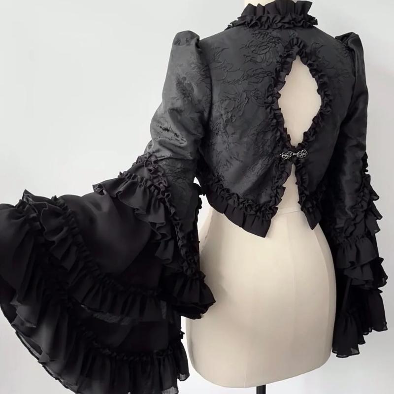 

Classic Lolita Jacquard Ruffle Bolero Coat Elegant Gothic Long Sleeve Layered Frill Shoulder Cape Top Vintage Palace Jacket XS чорний