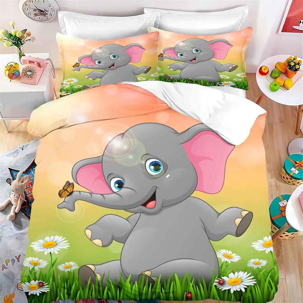 3D Printed Cartoon Elephant Duvet Cover, Microfiber Comforter Cover Hidden Zipper | Fade Resistant, Hidden Zipper for All Season
