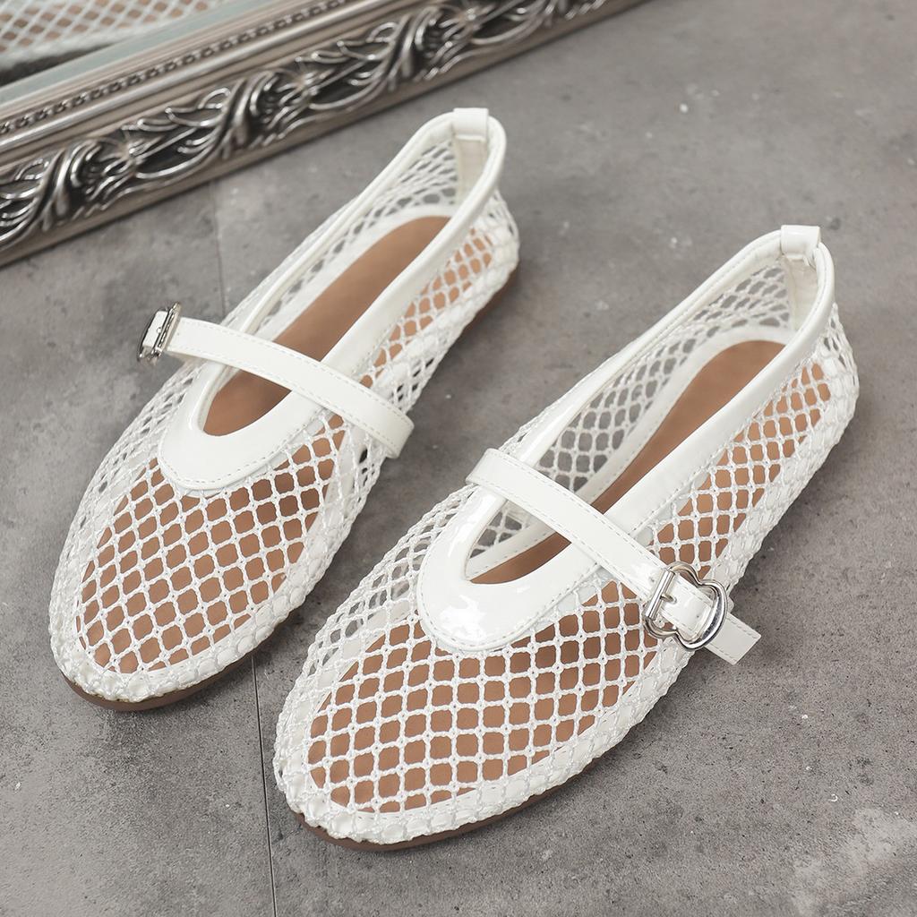 Plus Size Women Round Toe Fishnet Hollow Out Flat Sandals, New Spring Summer European Style Breathable Casual Sandals