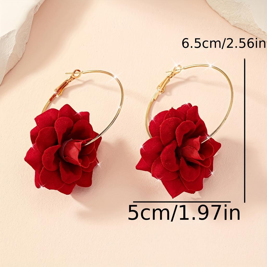 Fabric Hollow Out Red Rose Pendant Earrings, Bohemian Romantic Statement Drop Earrings for Women, Valentine's Day Christmas Gift, Trendy Daily Jewelry