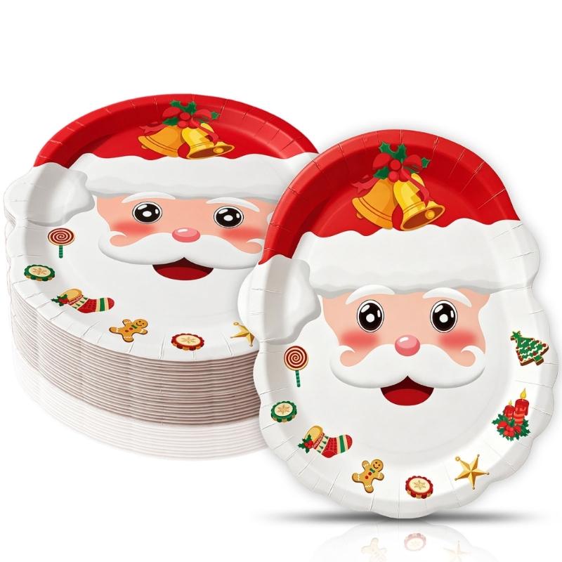 Holiday Party Supplies Tableware Set with Santa and Tree Paper Plates, Cups Napkins Hanging Sign and Table Cover for Christmas Dinner Tables