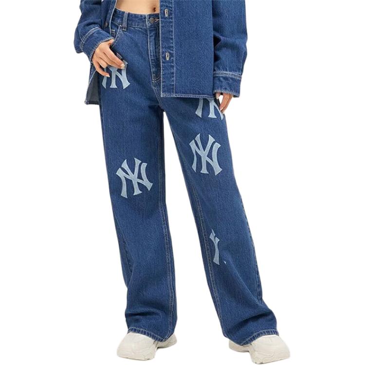 MLB New York Yankees Printed Logo Straight Leg Mid Rise Loose Fit Jeans Women bottoms Bright-Blue 3FDPB0334-50INS