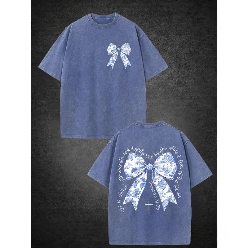 

European sizes Blue and White Floral Bow Pattern Vintage Washed Men S T-Shirt, Double-Sided Printing, Retro Street Style, Crew Neck, Short Sleeves 5XL синій