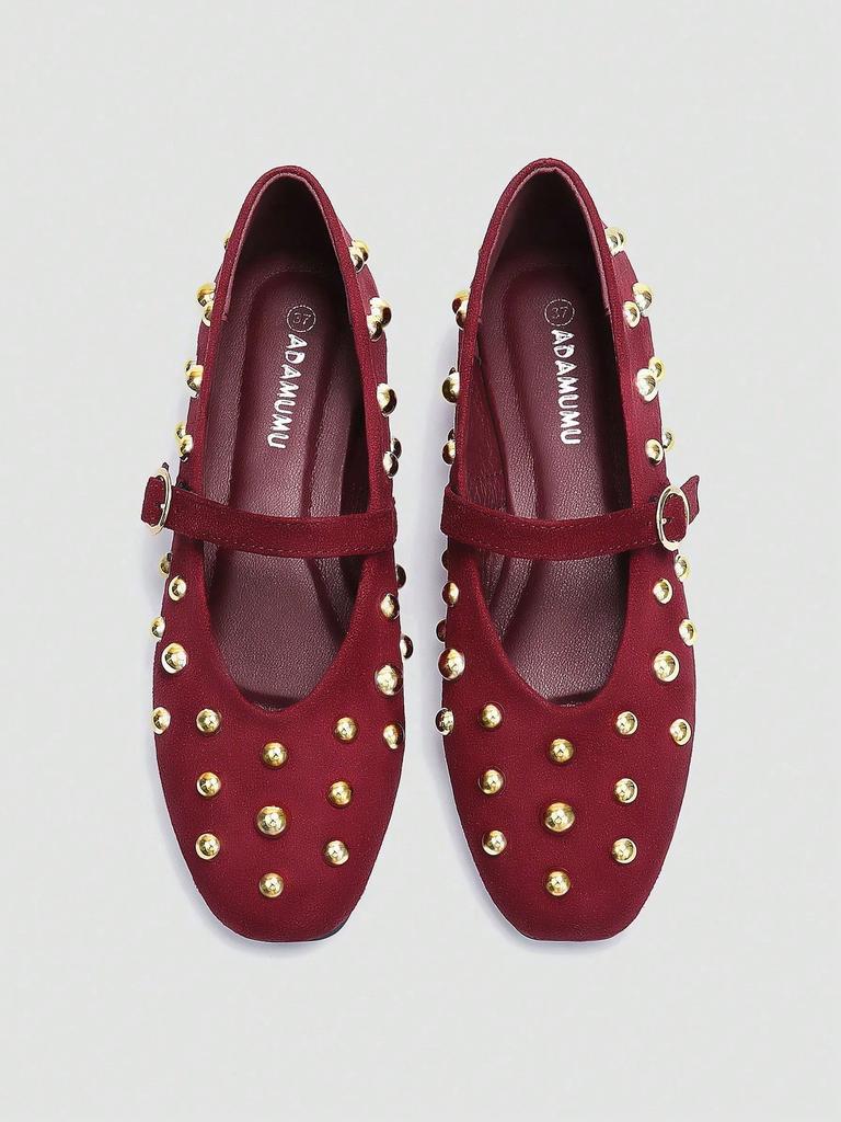 Black Mary Jane Flats, Silver Rivet Decor One-Strap Buckle, Retro Elegant Shoes