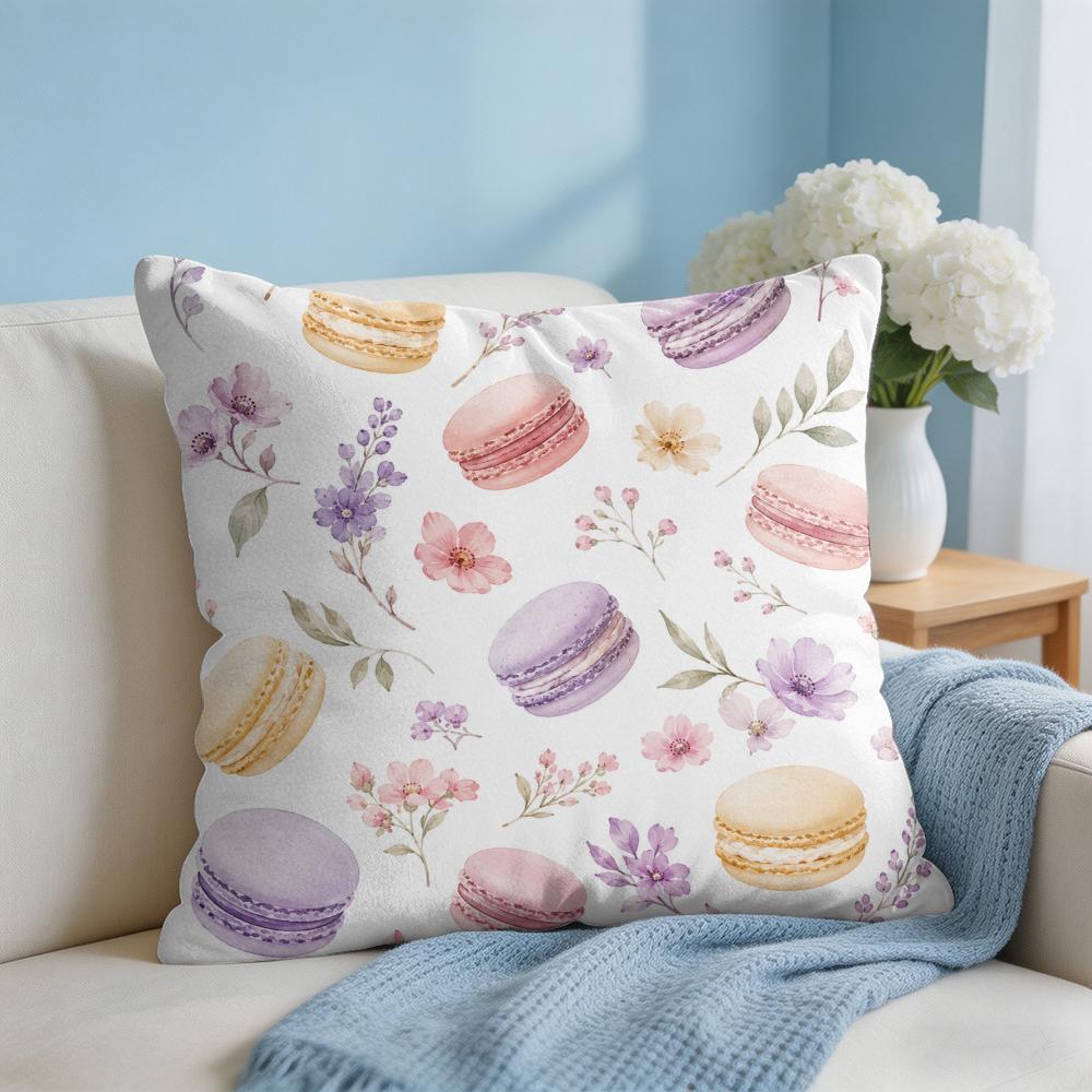 Macarons and Floral Cushion Cover Short Plush Soft DoubleSided Printing Pillow Case Cozy Sofa Bedroom Home Decor Gift