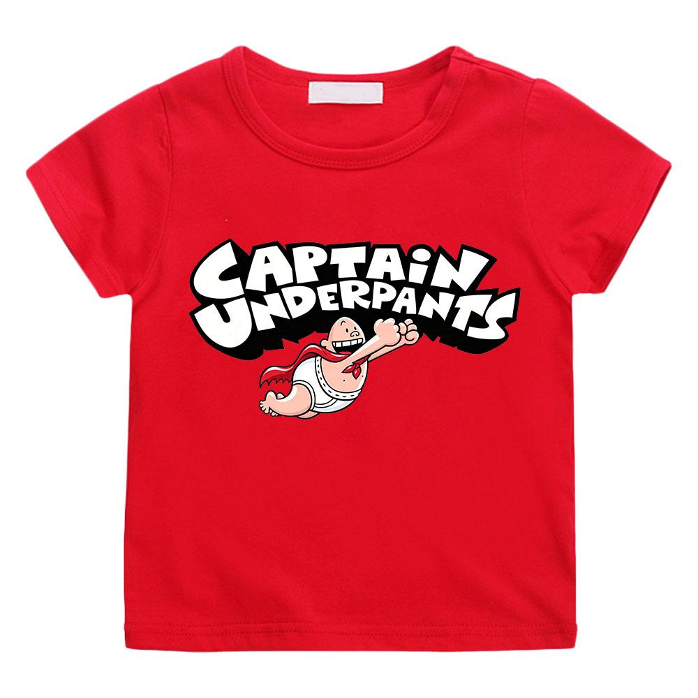 Hot Sale Cartoon Captain Print Short Sleeve Captain Underpants Children s T-shirts 100% Cotton Cute Boys Girls Tees for Summer 100 красный