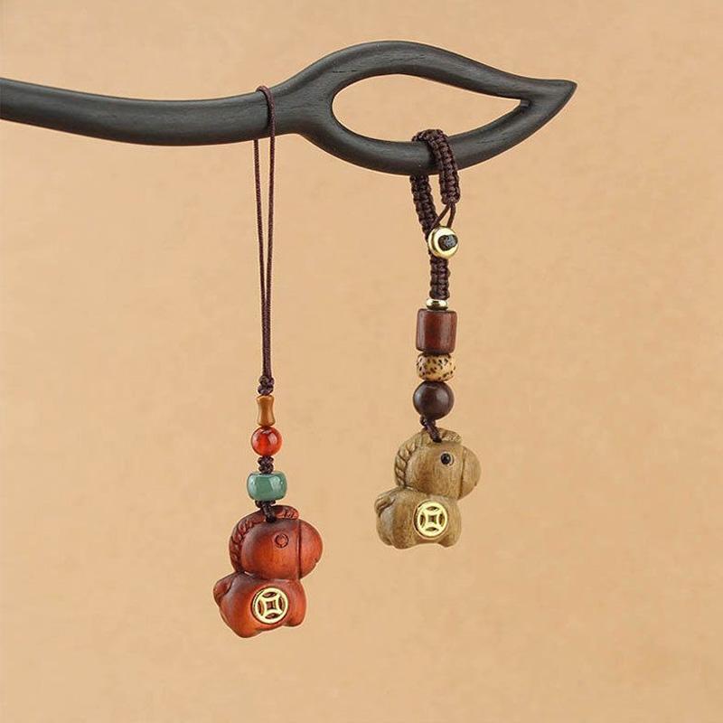 1Pc Car Keychain New Chinese Style Braiding Rope Gift Phone Keychain Creativity Pony Pendant Wood Pendant Coin Decoration
