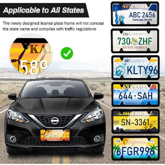 Alpmosn 2PCS Stainless Steel License Plate Frames, 4 Holes Car Licence Plate Covers with Screws Washers and Caps, Car Exterior Accessories, License