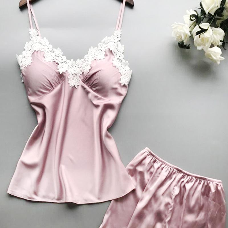 Damen Spitzen-Pyjama-Set Seide Rüschen Sexy 2-teiliger Schlafanzug mit Pyjamashorts Satin Sommer Kurze Schlafsets für Damen