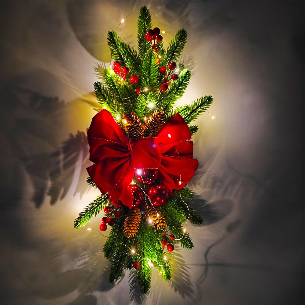 Christmas Light Up Garland Artificial Prelit Stairway Trim with Pinecones&Bowknot Festival Theme for Stair Front Door Decoration