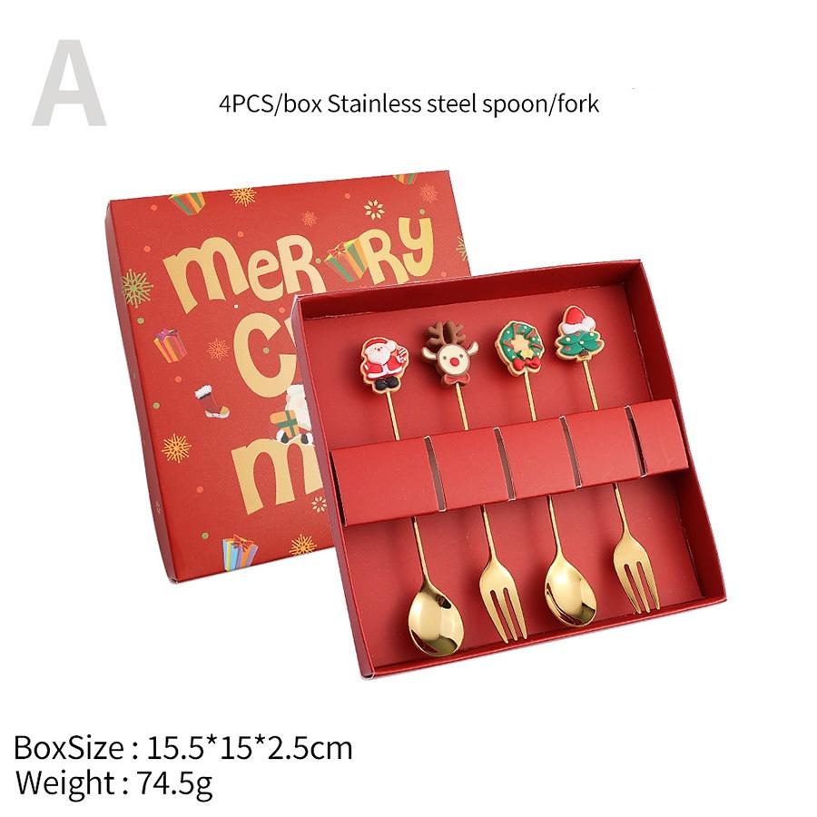 4Pcs Stainless Steel Christmas Coffee Spoon Forks Set with Exquisite Paper Box Stainless Steel Gold Xmas Dinner Tableware