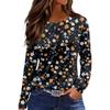 Women's Fashion Casual Slit Hem Round Neck Long Sleeve Loose Printed T-Shirt Ladies Top