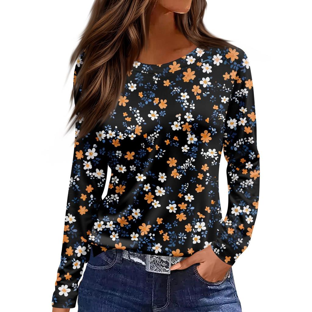 Women's Fashion Casual Slit Hem Round Neck Long Sleeve Loose Printed T-Shirt Ladies Top