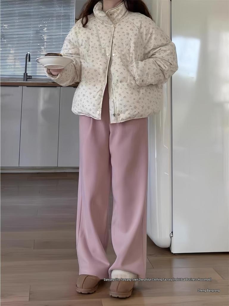 2024 Winter Women's Floral Down Cotton Jacket – Loose Fit, Korean Cute Academy Style