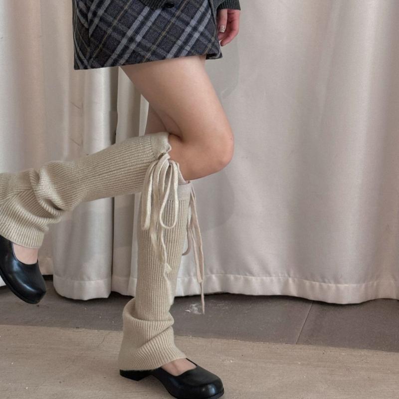 Women Ribbed Knitted Leg Sleeves with Ties Drawstring for Winter Warmth Vertical Striped Leg Warmers Footless Boot Socks