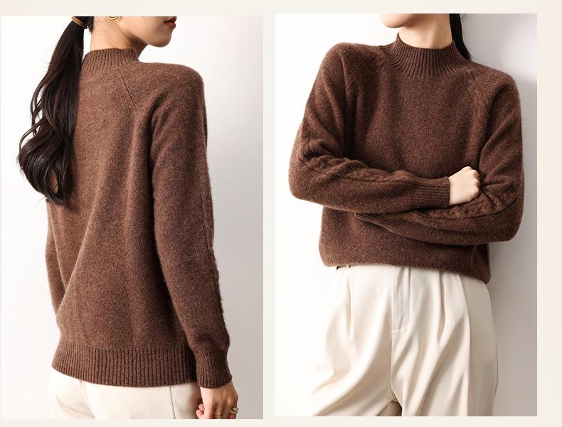 Women's Yak Wool Cable Knit Sweater, Autumn 2026, Half-High Neck, Elegant Style, Solid Color, Thick Pullover Sweater