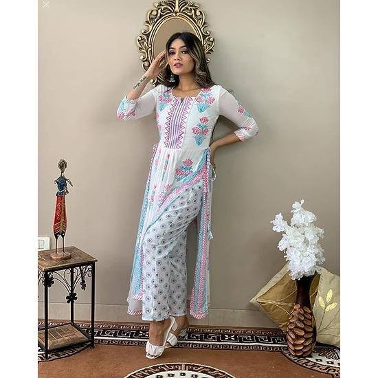 

Женская прямая курта из смесового хлопка с принтом и брюками (Марионетка)