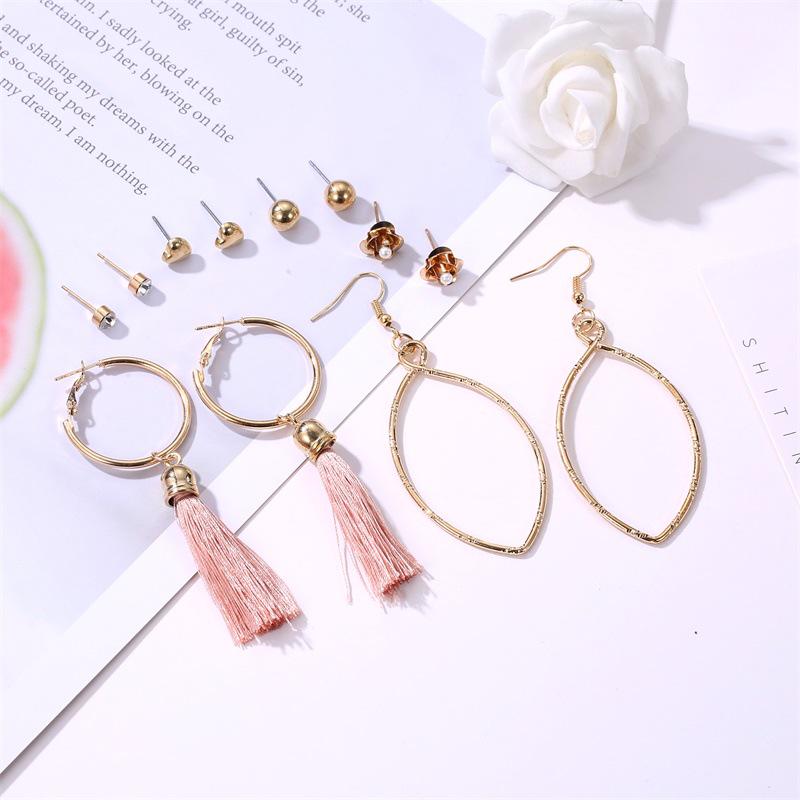 6 Pairs Women Fashion Style Love Shape Rose Tassel Earrings Suit