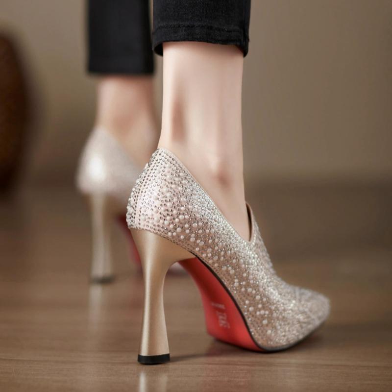 Scarpe con Tacco Alto Strass Scarpe Sexy a Punta Alta Scarpa Singola Lusso Perla Cristallo Scarpa da Sposa Pumps Color Champagne Scarpe da Sposa