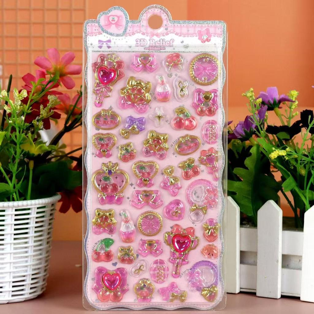 8Pcs Japanese Style 3D Crystal Epoxy Relief Stickers For Kids, Diamond Decorated, Magic Wand & Marine Life Fun Stickers