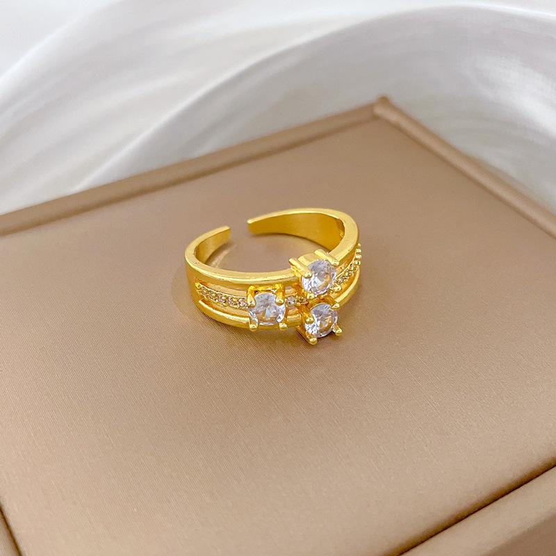 Real Gold Light Luxury Full Diamond Three-Layer Ring Opening Adjustable Simple Jewelry Japanese Ring Couple Ring