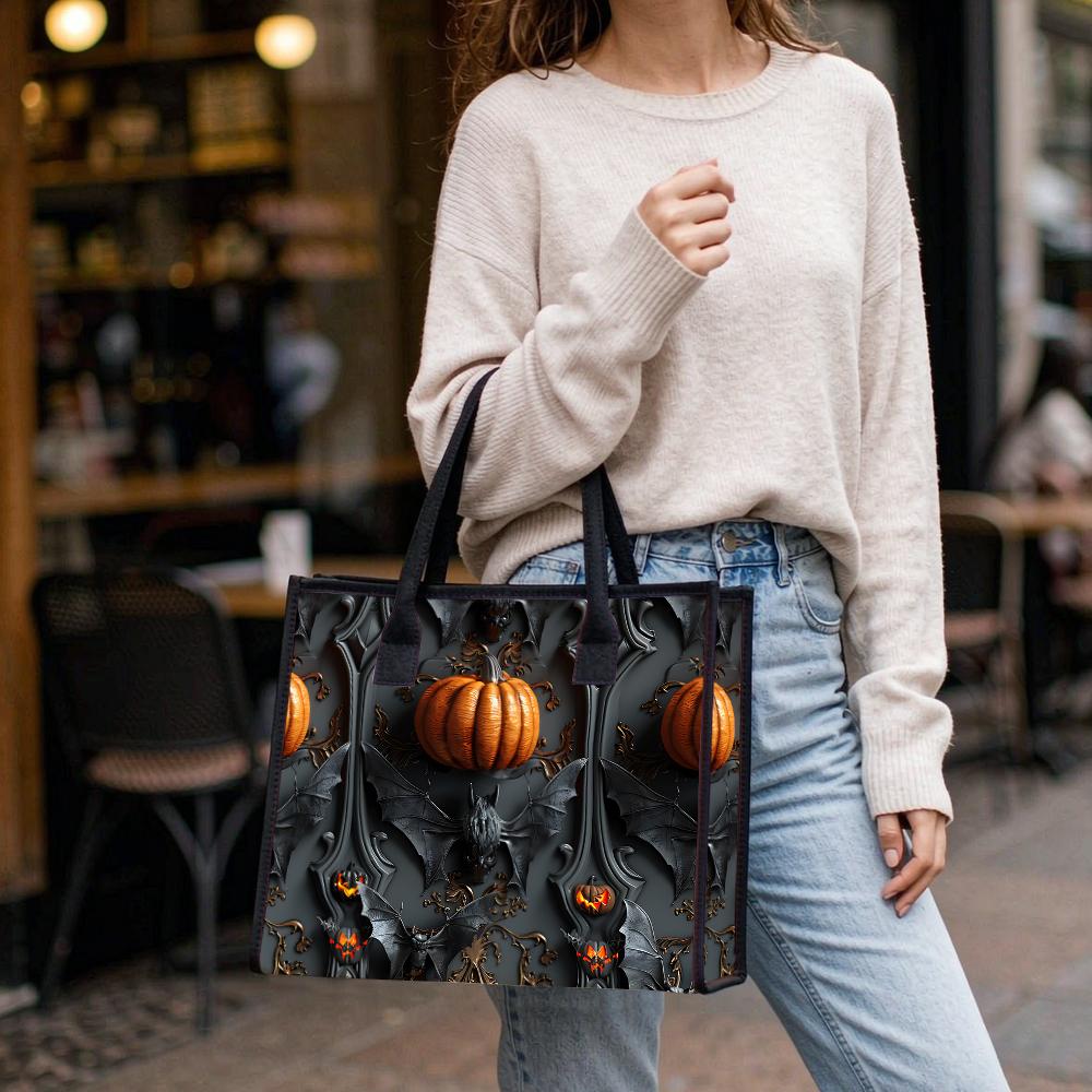 Halloween Gothic Pumpkin Bat Pattern Tote Bag Fashion Durable Daily Use Shopping Shoulder Handbag