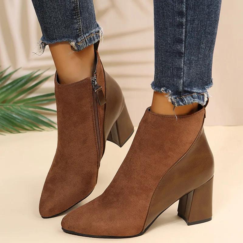 Women High Heeled Boots Fashion Suede Leather Boots 2025New Casual Ankle Booties Pointed Toe Short Boots for Women Designer Boot