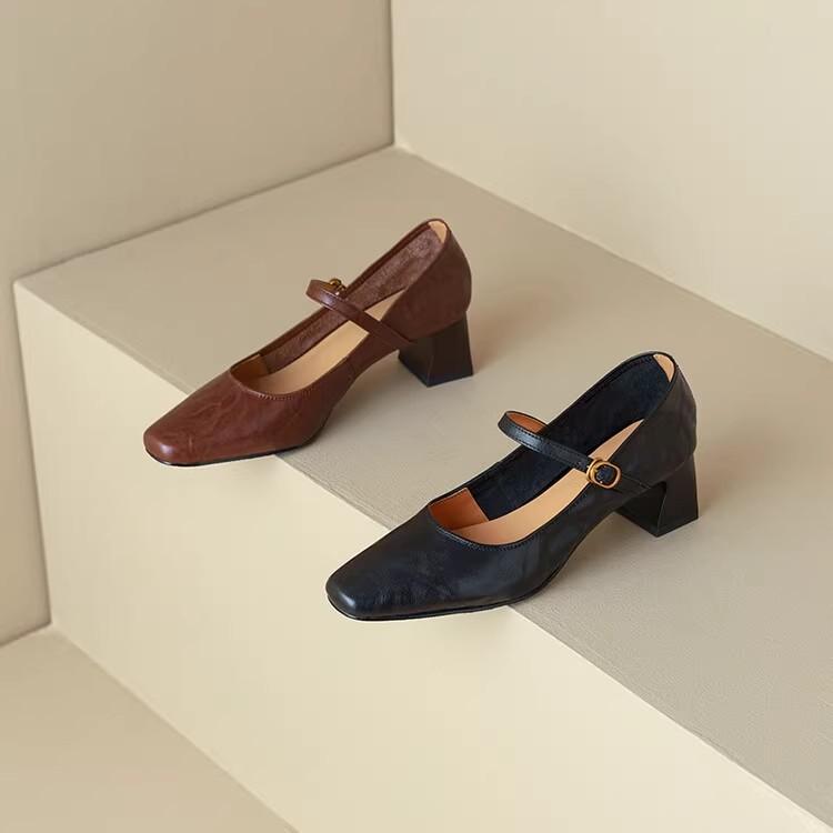 [Spot] Soft Sheepskin Black High Heels French Retro Thick Heel with Mary Jane Shoes Women's Single Shoes