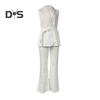 2 Pcs/Set Women Coat Pants Set V Neck Lace-up Slim Waist Mid Length Cardigan Sleeveless Jacket Wide Leg High Waist Straight Trousers Lady Formal