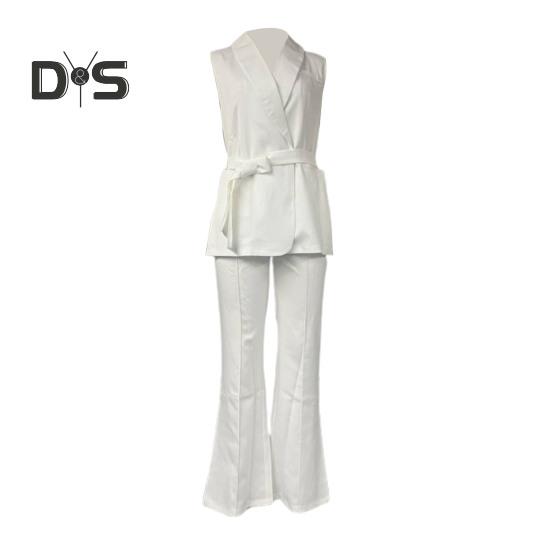 2 Pcs/Set Women Coat Pants Set V Neck Lace-up Slim Waist Mid Length Cardigan Sleeveless Jacket Wide Leg High Waist Straight Trousers Lady Formal