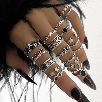 European and American Retro Old Ring Set, Punk Love 8-character Star Rose Ring 19-piece Set