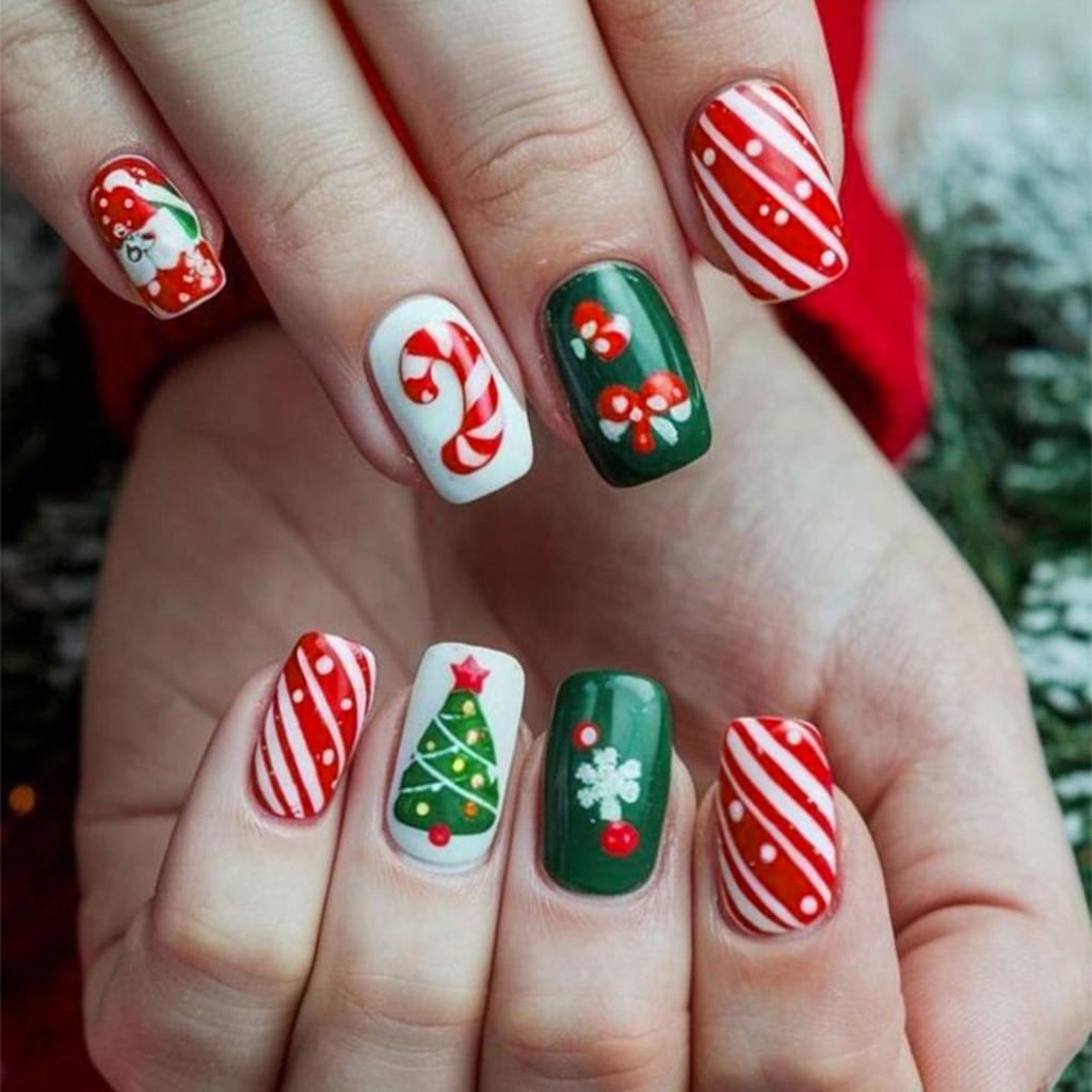 Festive Press On Nail SelfAdhesive Gel Stickers Christmas Patterns Nail Art Tools With Emery Board