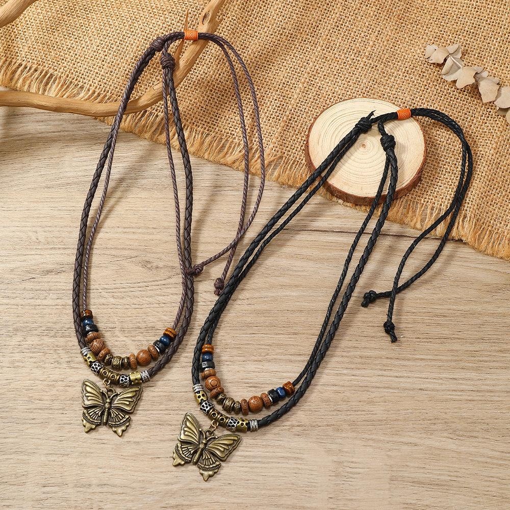 Literary Retro Butterfly Alloy Multi-layer Wooden Beads Knotted and Pullable Hand-woven Necklaces, Jewelry