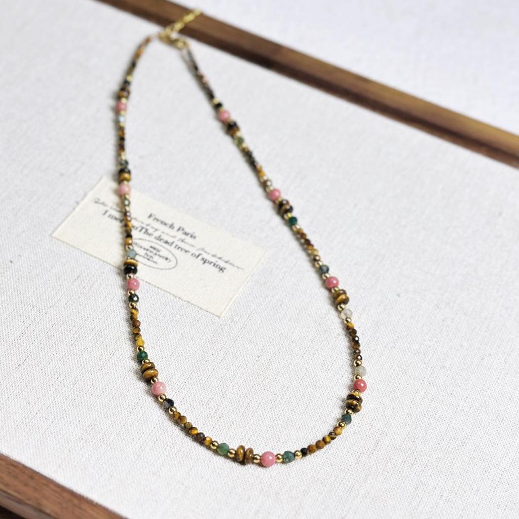 Vintage Rhodochrosit & Tigerauge Perlenkette - Bunte, vielseitige Schlüsselbein-Kette für modische Pullover