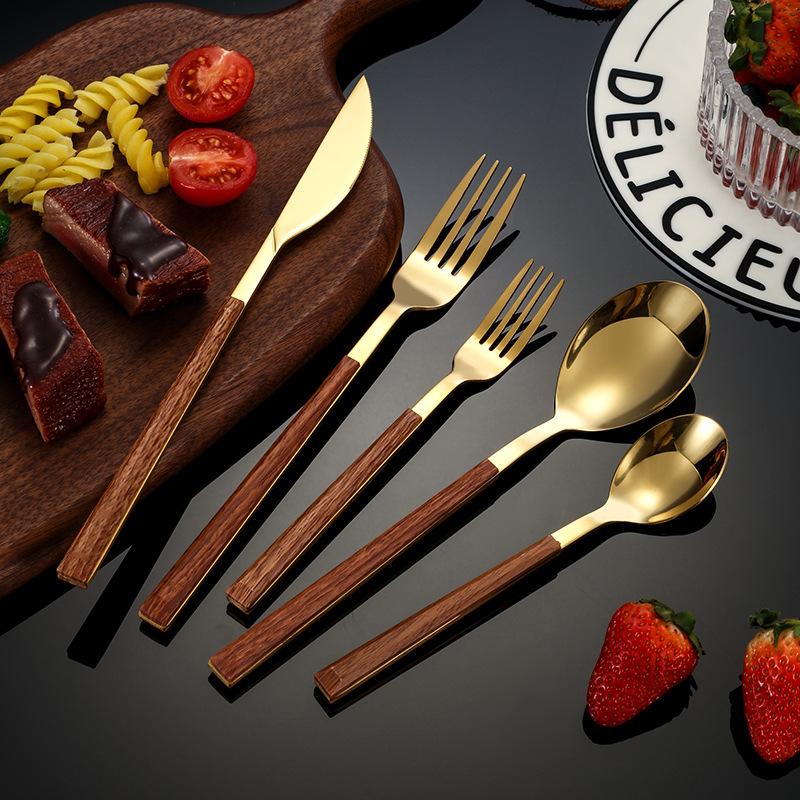 Dinnerware 5Pcs Mirror Stainless Steel Cutlery Knife Fork Spoon Tableware Brown Silver Wooden Handle Restaurant Flatware Set