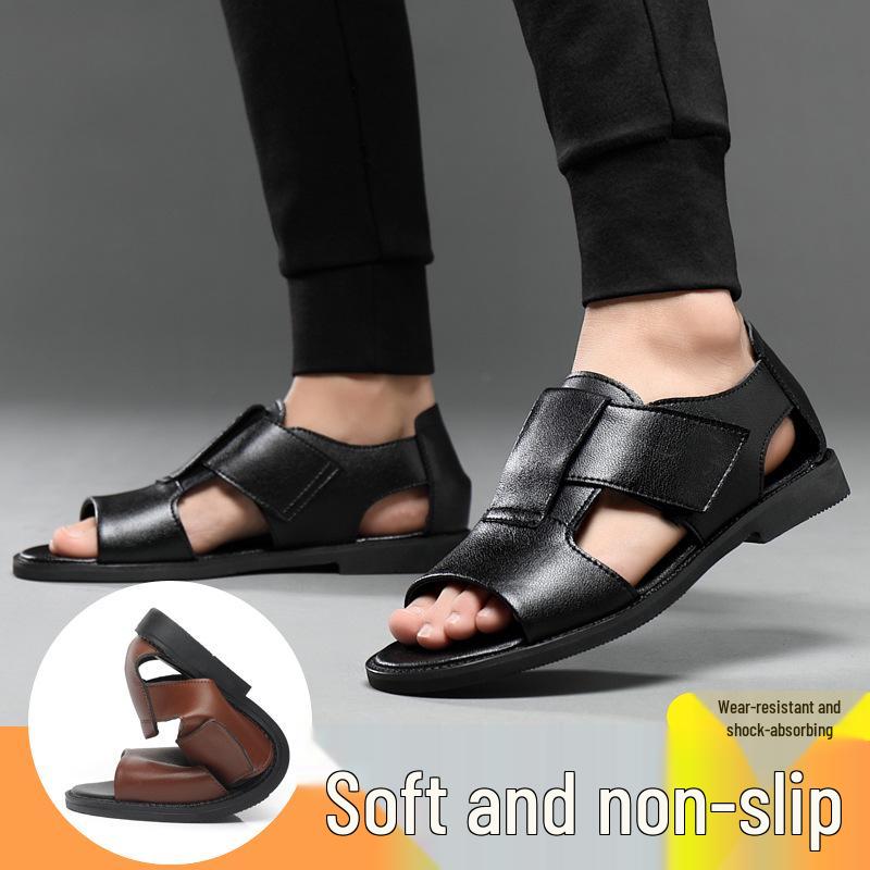Men's 2024 Summer Roman Sandals - Trendy Open Toe Cowhide Casual Slippers for Outdoor and Beach
