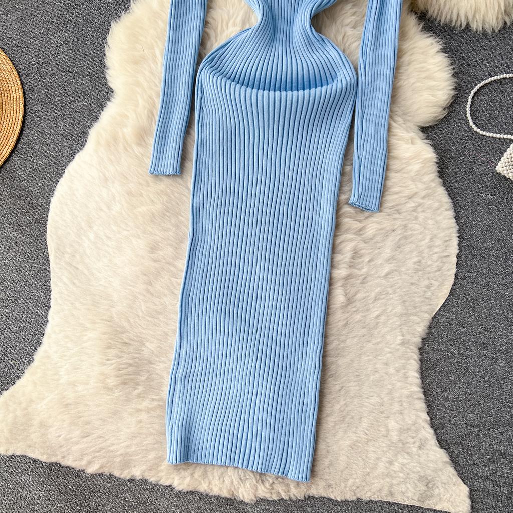 Abito aderente a maniche lunghe a maniche lunghe con scollo a O elegante elegante da donna Abito aderente in maglia aderente alla moda sexy con abiti elastici sottili