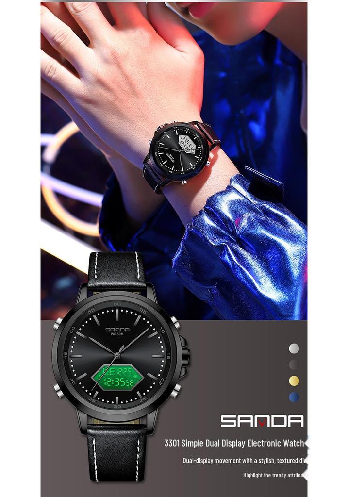 Sanda Men's Multifunction Luminous Waterproof Chronograph Steel Band Dual Display Watch