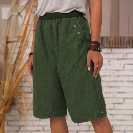 Women Summer Shorts Elastic Waist Mid-rise Casual Sporty Style Shorts with Pockets Solid Color Straight Wide Leg Shorts