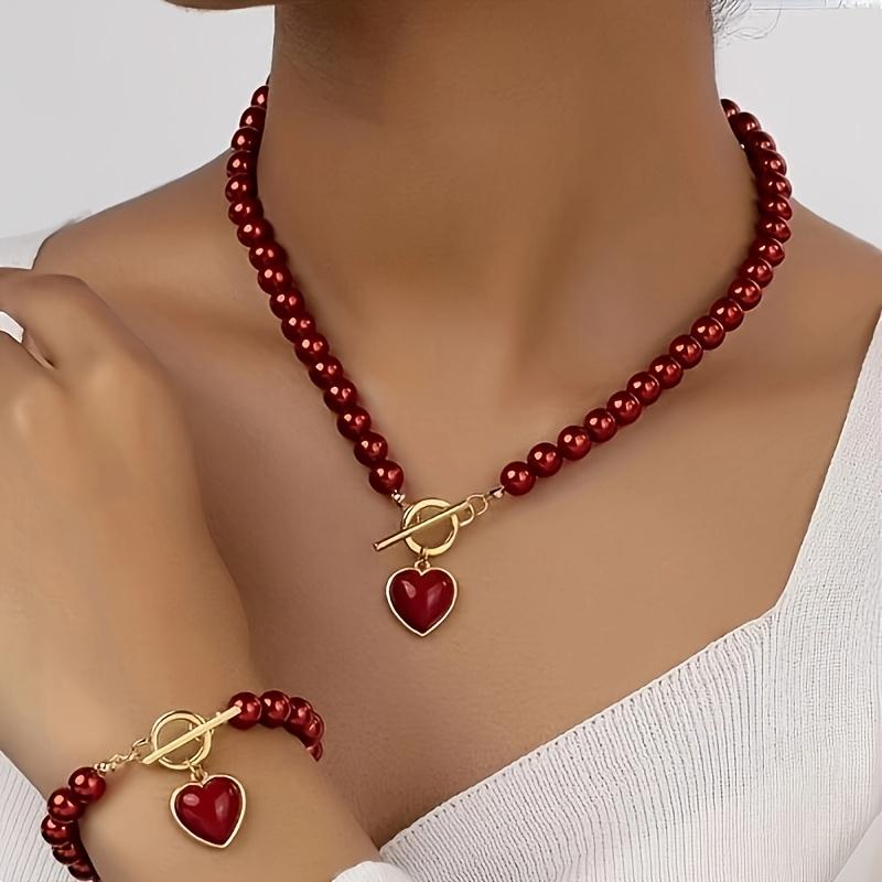 2pcs Elegant Red Heart Imitation Pearl Jewelry Set,Necklace and Bracelet for Women,Perfect for Daily Wear & Valentine'S Day Gift