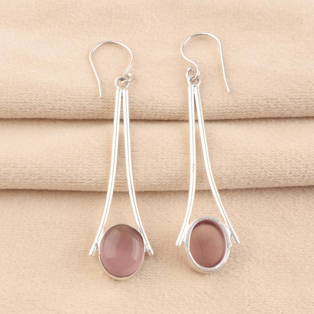 Natural Purple Cat's Eye Gemstone 925 Sterling Silver Handcrafted Earrings2.63" EE-136-36